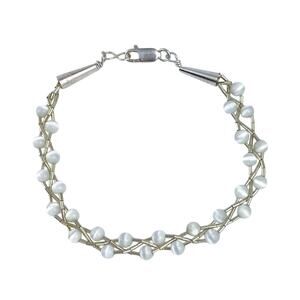 Braided White Cat's Eye Bracelet | Sterling Liquid Silver 925 | 7.5"